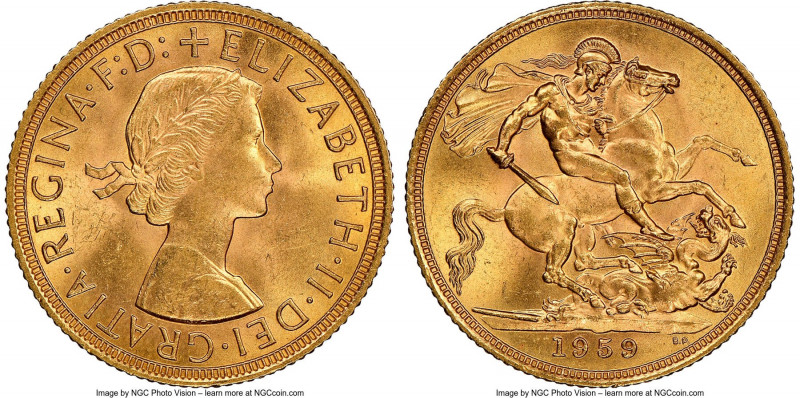 Elizabeth II gold Sovereign 1959 MS64 NGC. KM908.

HID09801242017

© 2020 He...