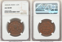 British India. East India Company 2-Piece Lot of Certified 1/2 Annas NGC, 1) 1/2 Anna 1835-(M) - AU58 Brown, Madras mint, KM447.1 2) 1/2 Anna 1845-(C)...