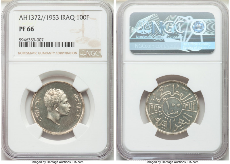 Faisal II Proof 100 Fils AH 1372 (1953) PR66 NGC, KM115. A wonderful offering an...