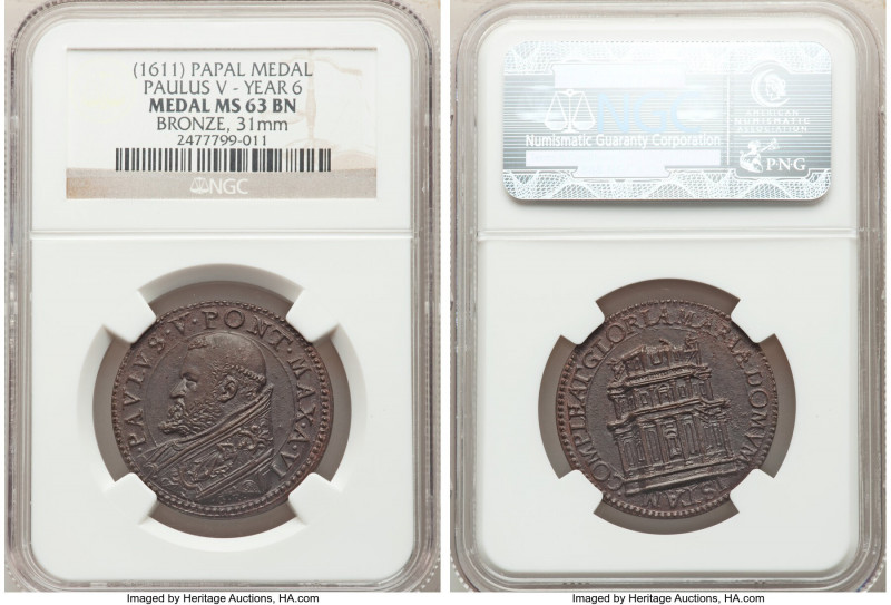 Papal States. Paul V bronze Medal Anno VI (1611) MS63 Brown NGC, Lincoln-892. 31...