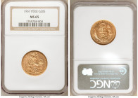 Republic gold 20 Soles 1967 MS65 NGC, Lima mint, KM229. Mintage: 5,003. A sharp and gently reflective gem exhibiting only the barest traces of handlin...