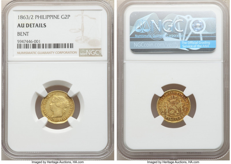 Spanish Colony. Isabel II gold 2 Pesos 1863/2 AU Details (Bent) NGC, Manila mint...