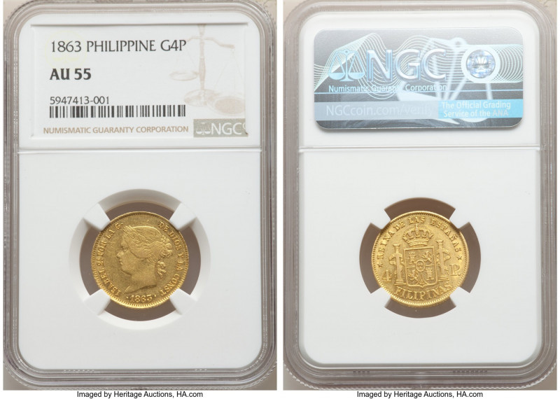 Spanish Colony. Isabel II gold 4 Pesos 1863 AU55 NGC, Manila mint, KM144. AGW 0....