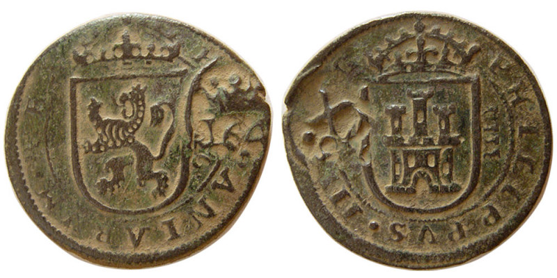 SPAIN, Colonial. Philip IV. 8 Maravedis (6.18 gm; 29 mm). dated 1606. Beautiful ...