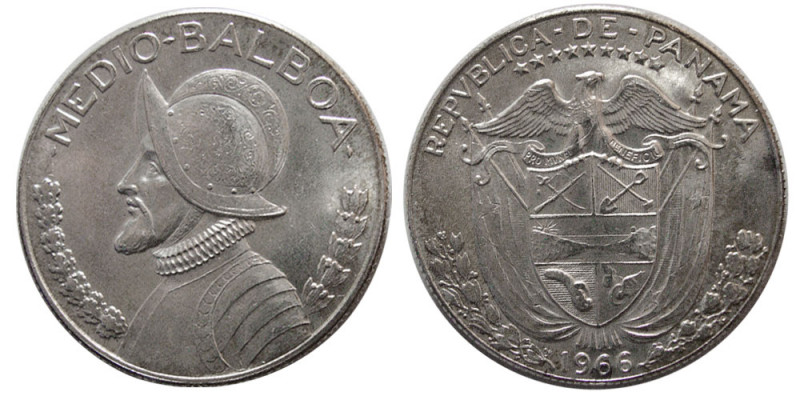 PANAMA, Republic. 1966. Balboa. Silver half-Balboa, Medio (11.44 gm; 30 mm). Arm...