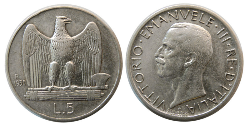 ITALY, Vittorio Emanuele III. 1930. Silver 5 Lire (4.96 gm; 23 mm). KM-67. Choic...