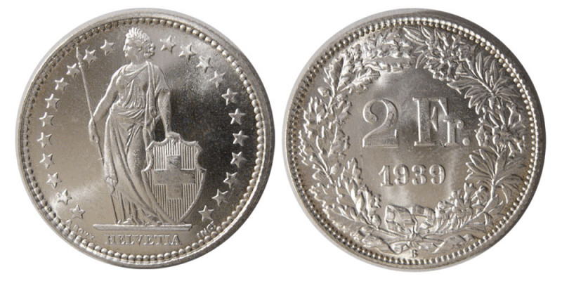 SWITZERLAND. 1939. Silver 2 Francs (10.02 gm; 27 mm). Helvetia. KM 21. Choice UN...