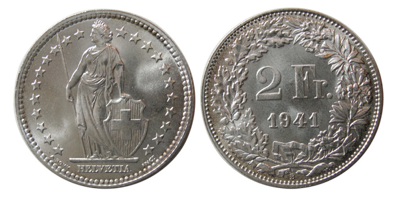 SWITZERLAND. 1941. Silver 2 Francs (10.00 gm; 27 mm). Helvetia. KM 21. Choice UN...