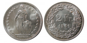SWITZERLAND. 1941. Silver 2 Francs. Helvetia.