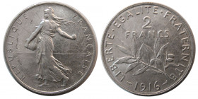 FRANCE, Republic. 1916. Silver 2 Francs. Paris mint.