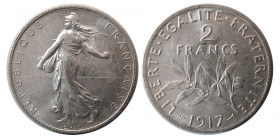 FRANCE, Republic. 1917. Silver 2 Francs. Paris mint.