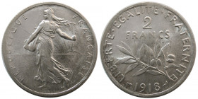 FRANCE, Republic. 1918. Silver 2 Francs. Paris mint.