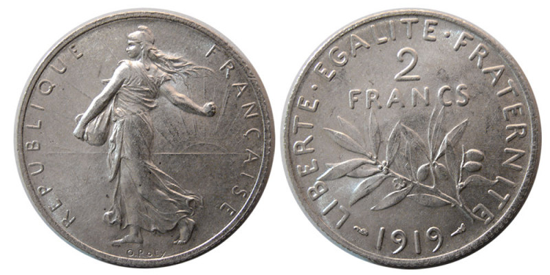 FRANCE, Republic. 1919. Silver 2 Francs (10.00 gm, 27 mm). Paris Mint. KM 845.1....