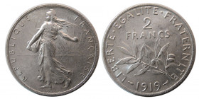 FRANCE, Republic. 1919. Silver 2 Francs. Paris Mint.