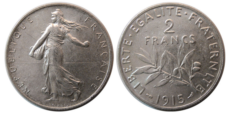 FRANCE, Republic. 1915. Silver 2 Francs (9.96 gm, 27 mm). Paris Mint. KM 845.1. ...