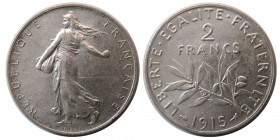 FRANCE, Republic. 1915. Silver 2 Francs. Paris Mint.
