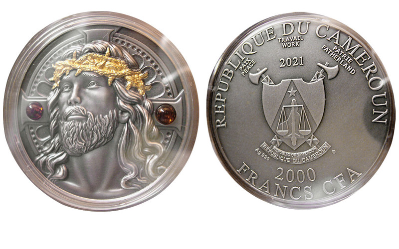 REPUBLIC of Cameroon. Christ the Savior. 2 OZ Pure (.999) Silver Medallion (50 m...