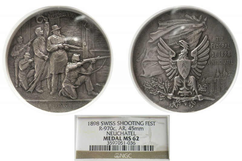 SWISS SHOOTING FESTIVAL. 1898. AR Medal (45 mm). Neuchatel. NGC-MS 62. Certifica...