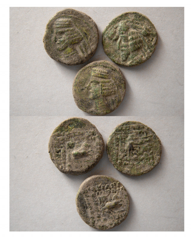 Group Lot of 3 Parthian Bronze Coins. Includes 2 Pharaates III and 1 Phraates IV...