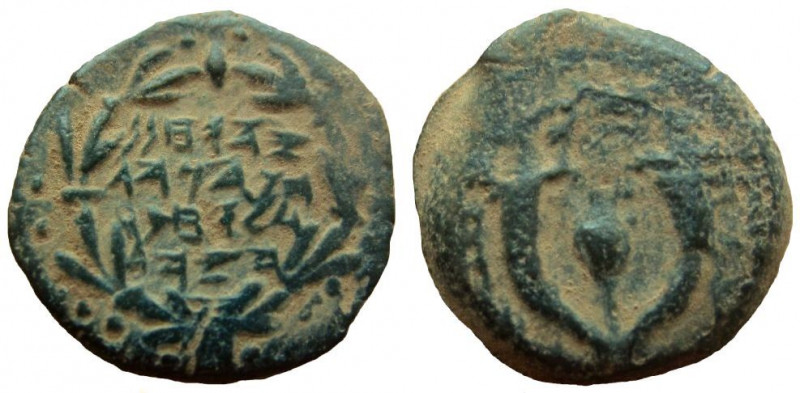 Judean Kingdom. John Hyrcanus I, 134 - 104 BC. AE Prutah.
14 mm. 1.77 gm. Obver...