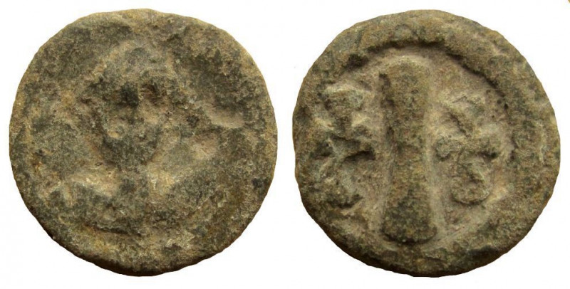 Maurice Tiberius, 582-602 AD. PB Decanummium. Italian mint.
 3.37 gm. Obverse: ...