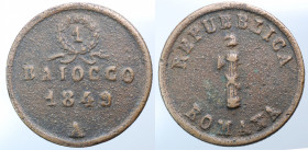 ANCONA. Seconda Repubblica Romana. 1 Baiocco 1849. AE (13,38 g - 29,4 mm ). Contorno rigato obliquamente. BB+