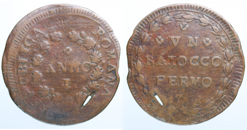 FERMO. Prima Repubblica Romana (1798-1799). 1 Baiocco 1798 1° tipo. AE (6,64 g -...