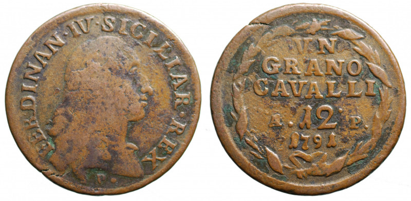 NAPOLI. Ferdinando IV di Borbone. Grano da 12 cavalli 1791. AE gr. 6,22 mm 26,1....