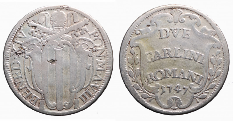 ROMA - Stato Pontificio. Benedetto XIV (1740-1758). 2 carlini romani 1747. Ag gr...