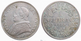 ROMA - Stato Pontificio. Pio IX (1846-1870). 1 lira 1866 anno XXI busto piccolo. Ag. qSPL