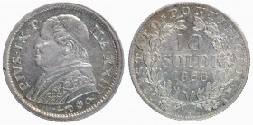 ROMA - Stato Pontificio. Pio IX (1846-1870). 10 soldi 1868 anno XXIII. Ag. R piccola, bordo largo. Gig. 308a R2. FDC
