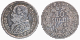 ROMA - Stato Pontificio. Pio IX (1846-1870). 10 soldi 1868 anno XXIII. Ag. R piccola, bordo largo. Gig. 308a R2. SPL-FDC
