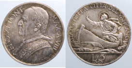VATICANO. Pio XI. 5 lire 1929 rara. Ag gr 5. FDC