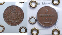 SAN MARINO. 5 centesimi 1938. sigillata Collezione Pliniano Biella