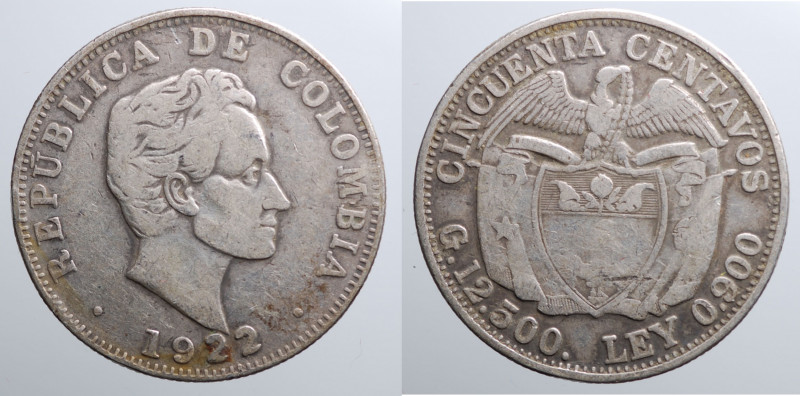 COLOMBIA. 50 centavos 1922. Ag gr. 12,5 BB