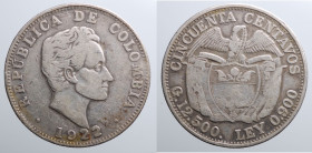 COLOMBIA. 50 centavos 1922. Ag gr. 12,5 BB