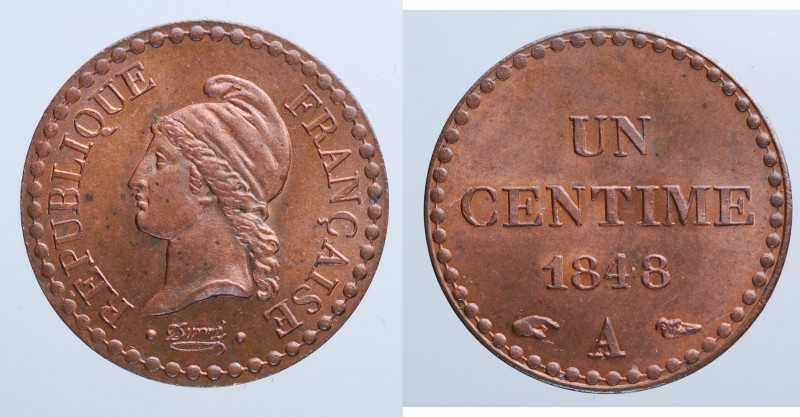 FRANCIA. Un centime 1848 A. FDC rame rosso