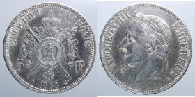 FRANCIA. Napoleone III. 5 Francs 1868 BB (Strasburgo). Ag (24,9 g - 37,3 mm).SPL vecchia lucidatura