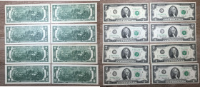 STATI UNITI. 2 Dollars serie 1976. Lotto di 8 banconote con varietà di serie o firme. SPL-FDS