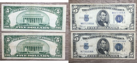 STATI UNITI. 5 Dollars serie 1934. Lotto di 2 banconote con varietà di serie o firme. BB