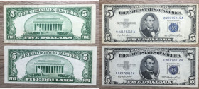 STATI UNITI. 5 Dollars serie 1953. Lotto di 2 banconote con varietà di serie o firme. Blue Seal. BB-SPL