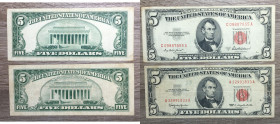 STATI UNITI. 5 Dollars serie 1953 e 1963. Lotto di 2 banconote con varietà di serie o firme. Red Seal. BB