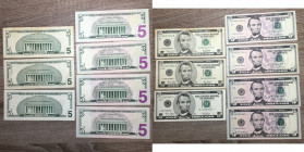 STATI UNITI. 5 Dollars (2001-2013). Lotto di 7 banconote con varietà di serie o firme. BB-FDS