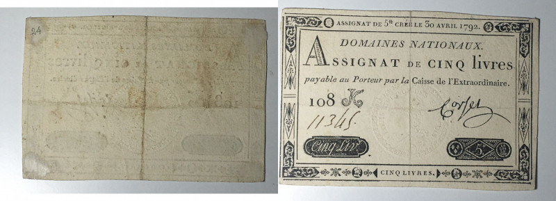 Francia. Assignat 5 Livres 1792.