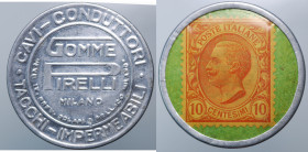MILANO. Vittorio Emanuele III. Gettone di necessità Pirelli Gomme con francobollo da 10 centesimi