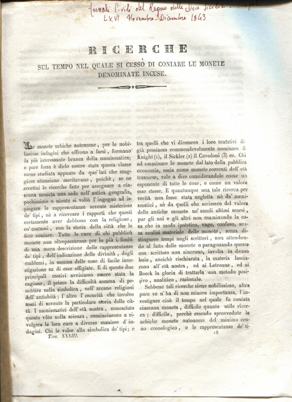 SPINELLI - Ricerche sul tempo nel quale si cessò di coniare le monete denominate...