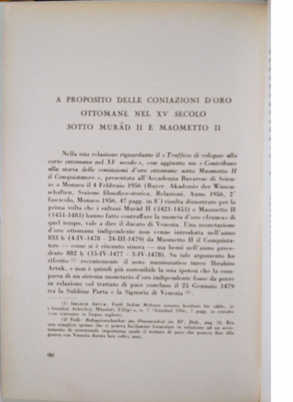 BABINGER F. – A proposito delle coniazioni d’oro ottomane nel XV secolo sotto Mu...