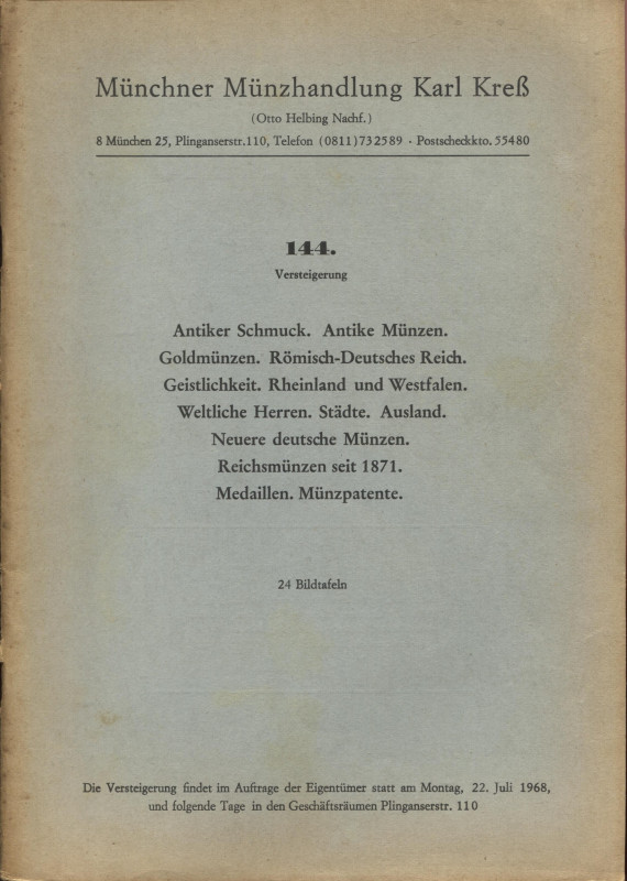 KRESS K. – Auktion 144. Munchen, 22 –Juli, 1968. Munzen antike und meittelalters...