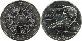 RDR – Habsburg – Österreich, REPUBLIK ÖSTERREICH. 100. Geburtstag von Herbert von Karajan. 5 Euro 2008. 10,0 g. 0.800 Silber. 0.26 OZ. KM 3156. UNC...