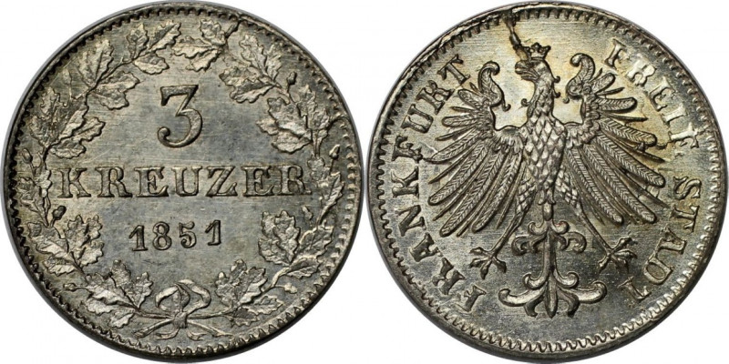 Altdeutsche Münzen und Medaillen, FRANKFURT - STADT. 3 Kreuzer 1851, Billon. KM ...